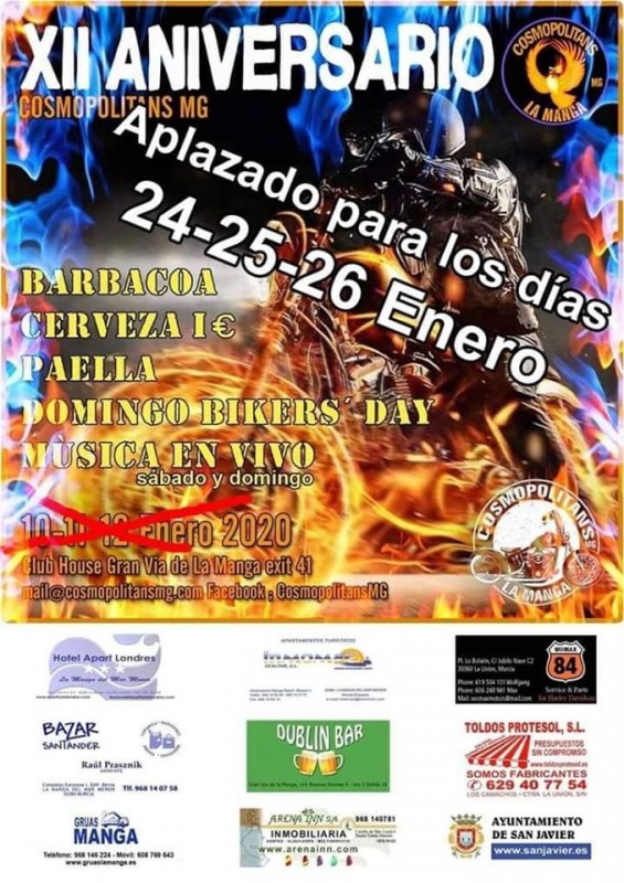 <span style='color:#780948'>ARCHIVED</span> - 24th to 26th January Cosmopolitans bikers 12th anniversary bash, La Manga del Mar Menor