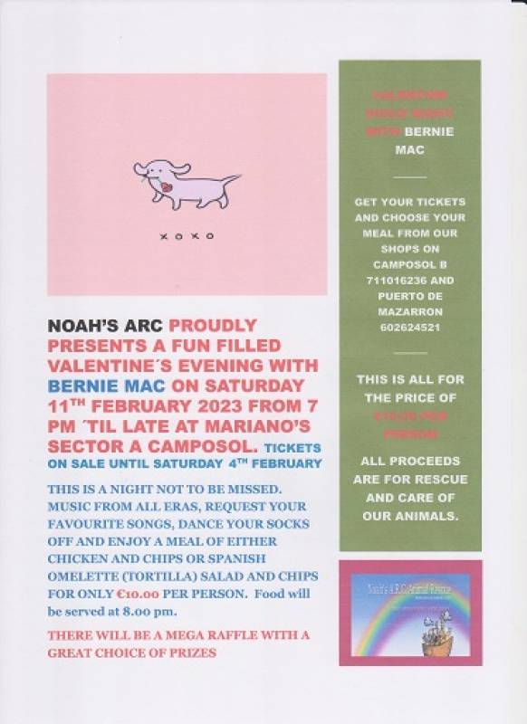 <span style='color:#780948'>ARCHIVED</span> - February 11 Valentines evening at Marianos in aid of Noahs Arc Animal Charity
