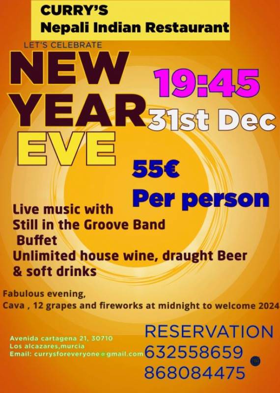 December 31 New Years Eve dinner and party at Currys Nepali and Indian Restaurant