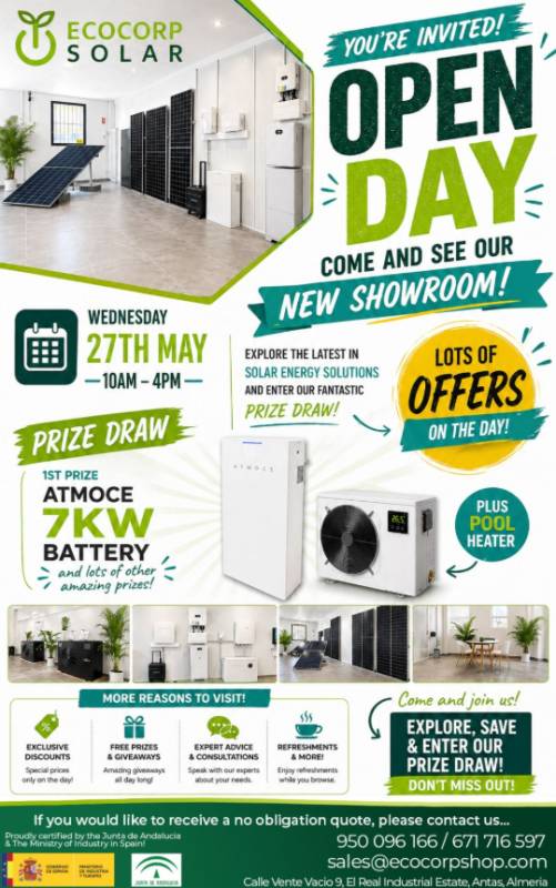 May 27 You're invited to the grand opening of Ecocorp Solar's impressive new showroom in Antas, Almería